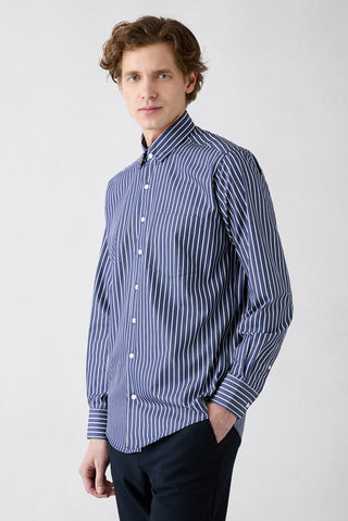  Koyu Lacivert Uzun Kol Regular Fit Çizgili Pamuk Gömlek