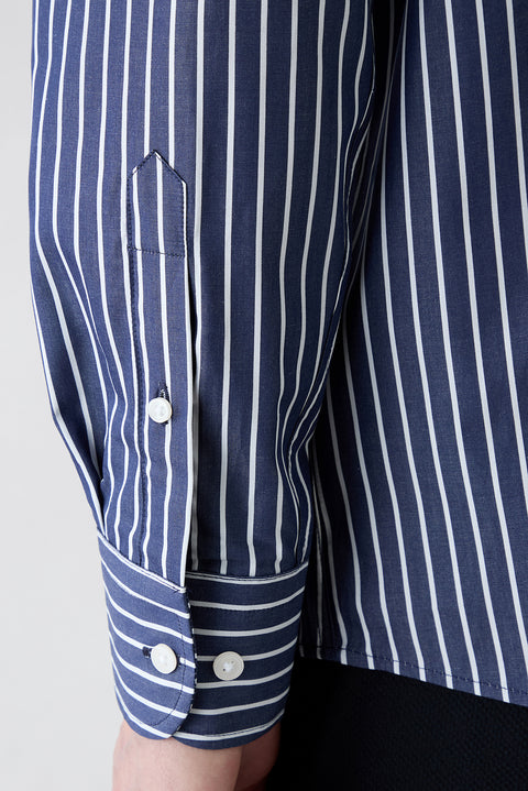 Koyu Lacivert Uzun Kol Regular Fit Klasik Yaka Çizgili Cepli Pamuk Gömlek