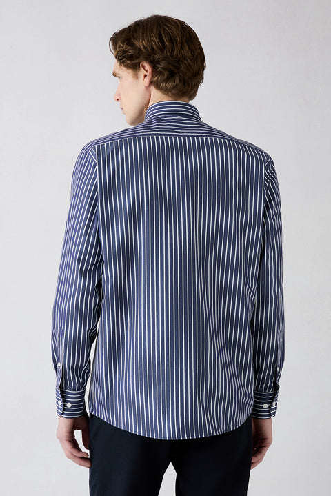 Koyu Lacivert Uzun Kol Regular Fit Klasik Yaka Çizgili Cepli Pamuk Gömlek