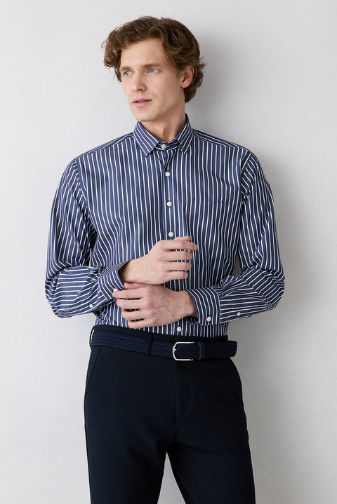 Koyu Lacivert Uzun Kol Regular Fit Klasik Yaka Çizgili Cepli Pamuk Gömlek