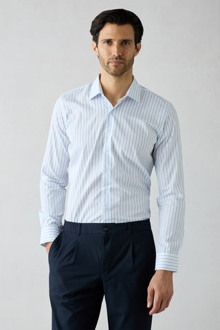  Mavi Uzun Kol Slim Fit Klasik Çizgili %100 Pamuk Gömlek