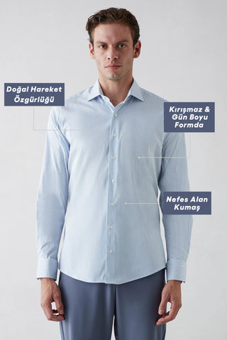  Mavi Techno-Line Uzun Kol Slim Fit Çizgili Klasik Pamuklu Gömlek