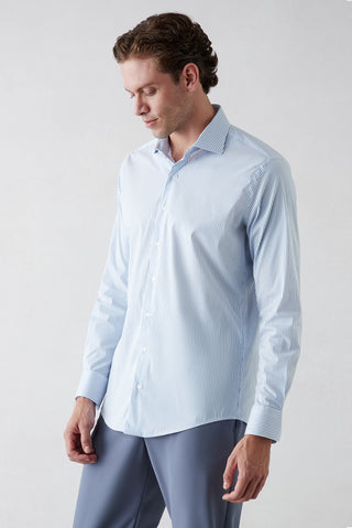  Mavi Techno-Line Uzun Kol Slim Fit Çizgili Klasik Pamuklu Gömlek