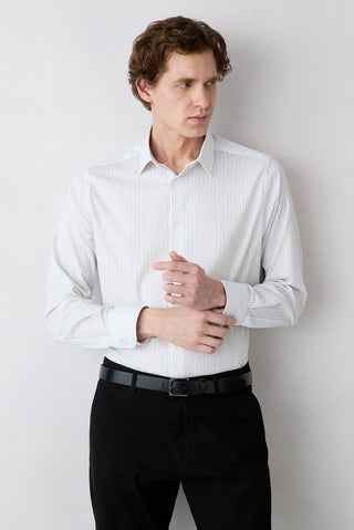  Krem Uzun Kol Slim Fit Çizgili Gömlek