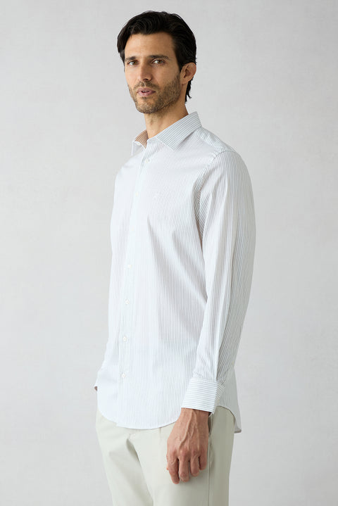 Cream Long Sleeve Classic Striped Embroidered Cotton Breathable Shirt