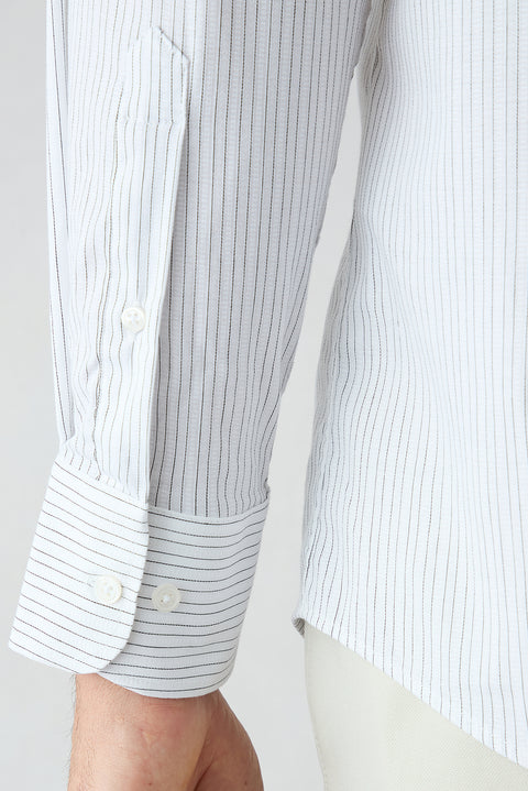 Cream Long Sleeve Classic Striped Embroidered Cotton Breathable Shirt