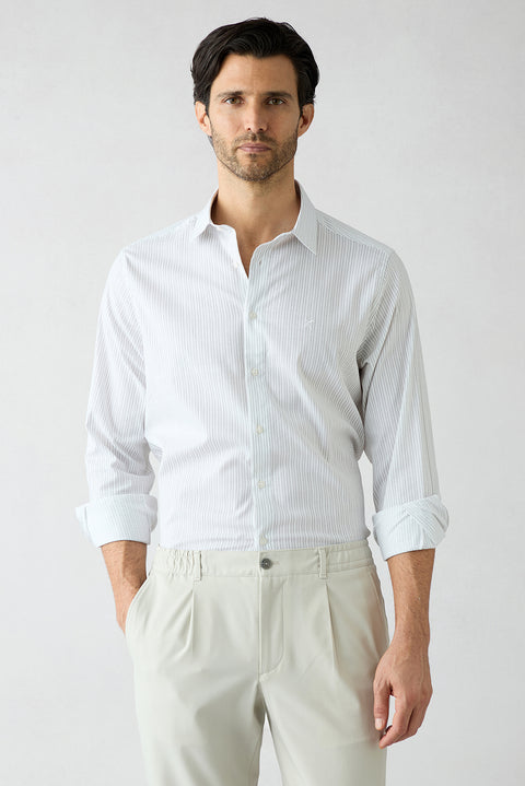 Cream Long Sleeve Classic Striped Embroidered Cotton Breathable Shirt