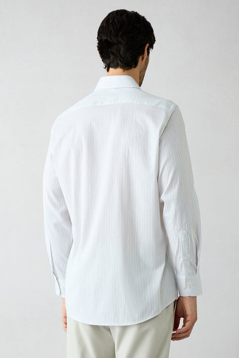 Cream Long Sleeve Classic Striped Embroidered Cotton Breathable Shirt