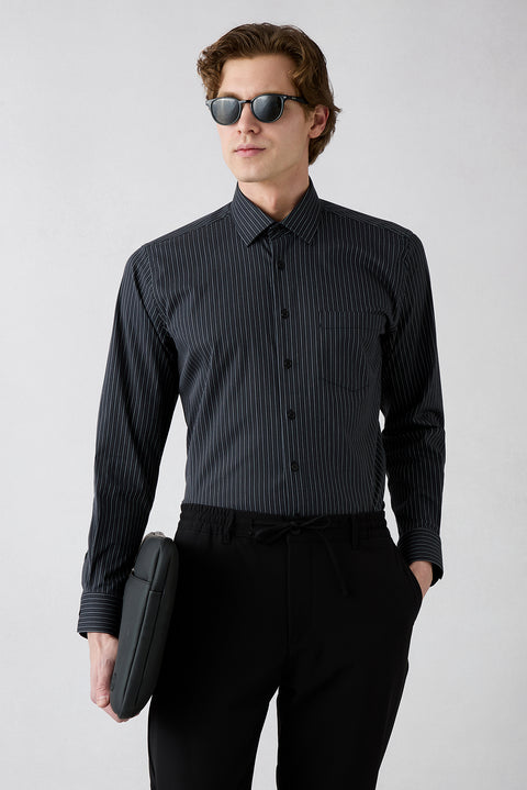 Siyah Uzun Kol Slim Fit Çizgili Cepli Pamuklu Nefes Alabilen Klasik Gömlek