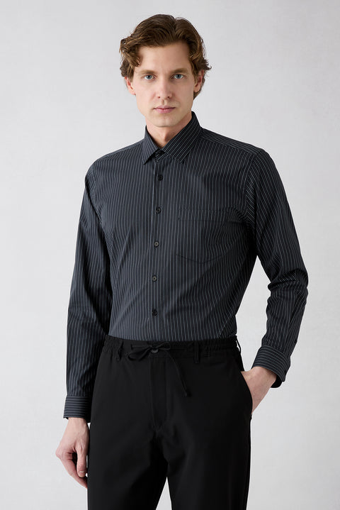 Siyah Uzun Kol Slim Fit Çizgili Cepli Pamuklu Nefes Alabilen Klasik Gömlek