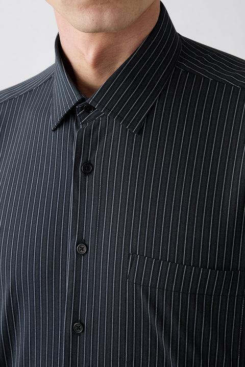 Siyah Uzun Kol Slim Fit Çizgili Cepli Pamuklu Nefes Alabilen Klasik Gömlek