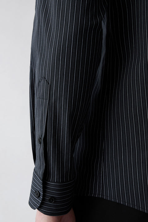 Siyah Uzun Kol Slim Fit Çizgili Cepli Pamuklu Nefes Alabilen Klasik Gömlek