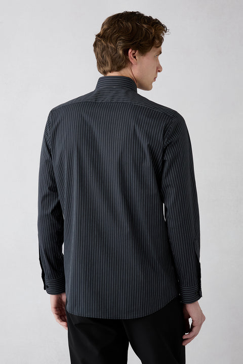 Siyah Uzun Kol Slim Fit Çizgili Cepli Pamuklu Nefes Alabilen Klasik Gömlek