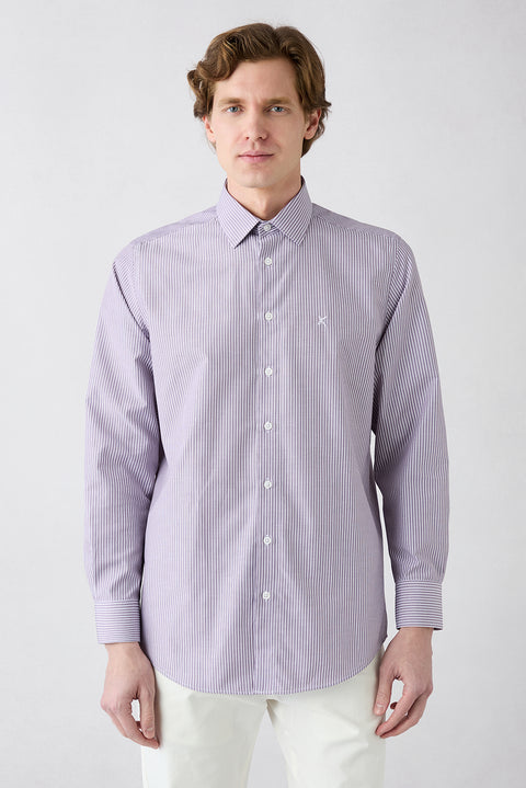 Plum Long-Sleeve Classic Striped Embroidered Easy-Iron Cotton Shirt