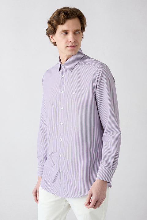 Plum Long-Sleeve Classic Striped Embroidered Easy-Iron Cotton Shirt