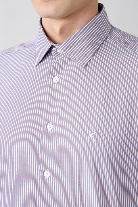 Plum Long-Sleeve Classic Striped Embroidered Easy-Iron Cotton Shirt