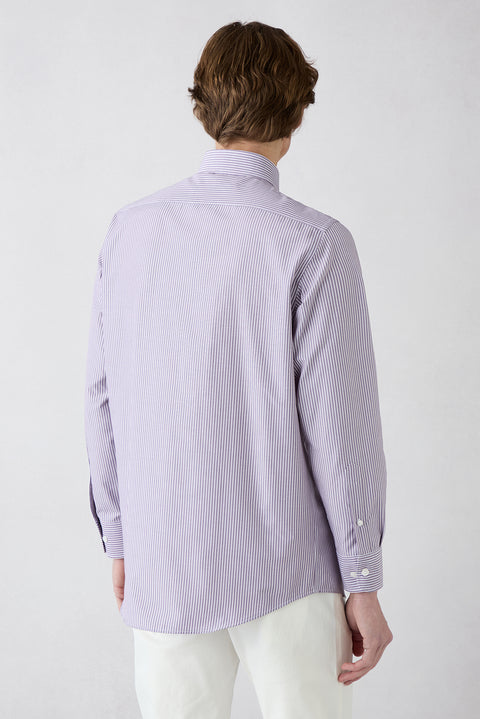 Plum Long-Sleeve Classic Striped Embroidered Easy-Iron Cotton Shirt