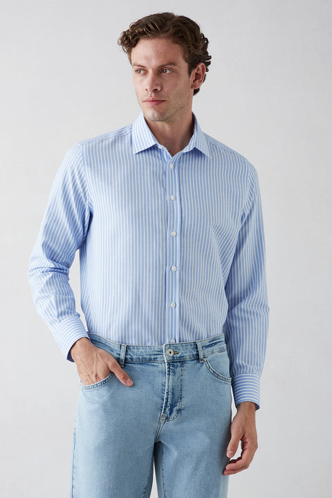 Blue Long Sleeve Regular Fit Classic Striped Cotton Easy Iron Shirt