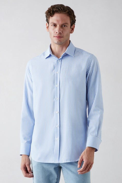 Blue Long Sleeve Regular Fit Classic Striped Cotton Easy Iron Shirt
