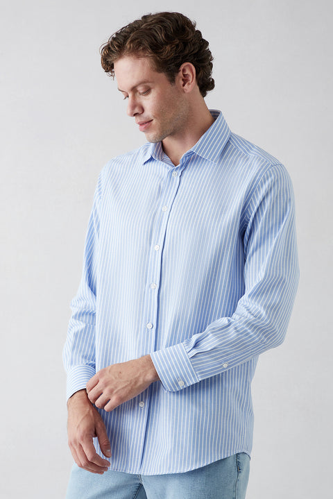 Blue Long Sleeve Regular Fit Classic Striped Cotton Easy Iron Shirt
