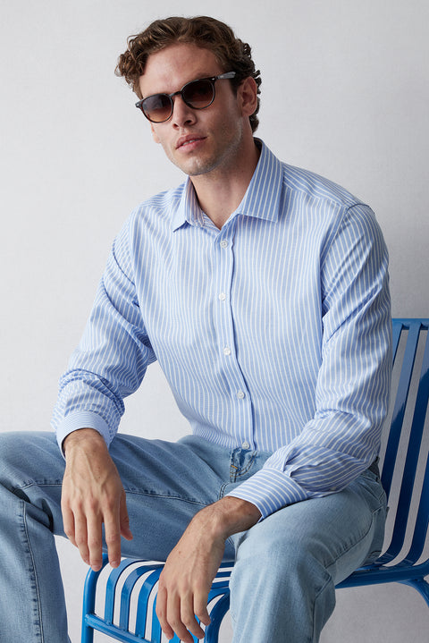 Blue Long Sleeve Regular Fit Classic Striped Cotton Easy Iron Shirt