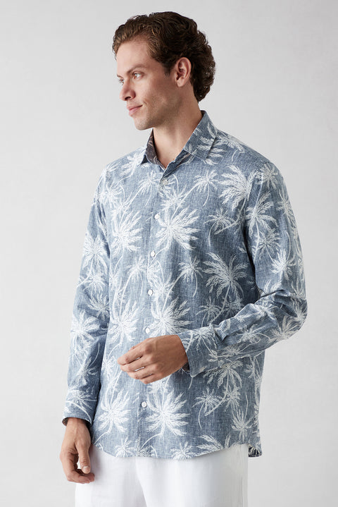 Dark Navy Long Sleeve Regular Fit Printed Cotton Shirt