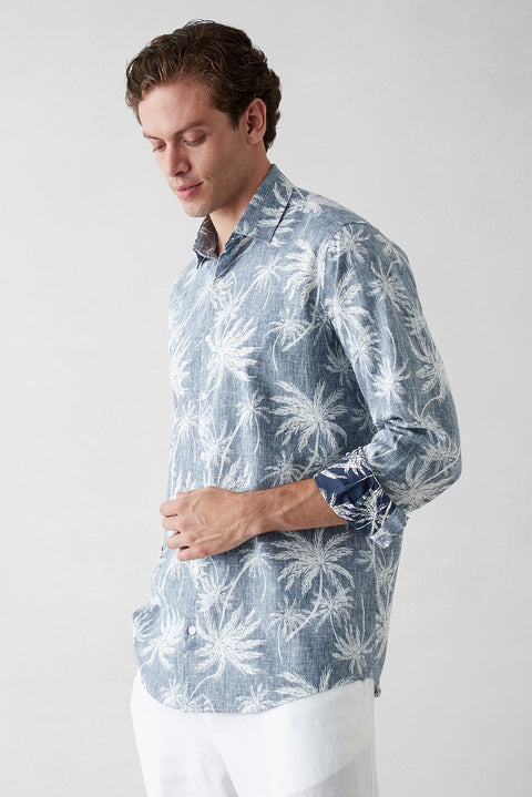Dark Navy Long Sleeve Regular Fit Printed Cotton Shirt