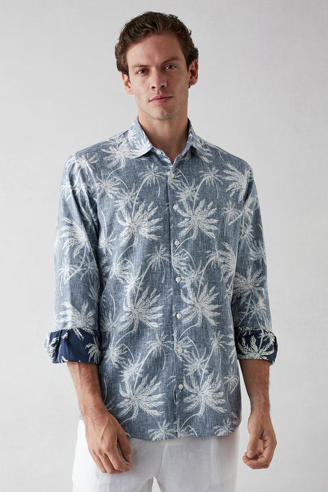 Dark Navy Long Sleeve Regular Fit Printed Cotton Shirt