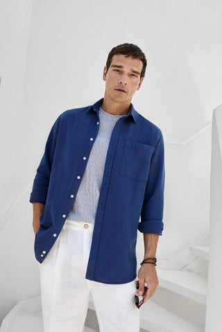  Koyu İndigo Uzun Kol Regular Fit Cepli Denim Görünümlü Lyocell Keten Karışımlı Gömlek