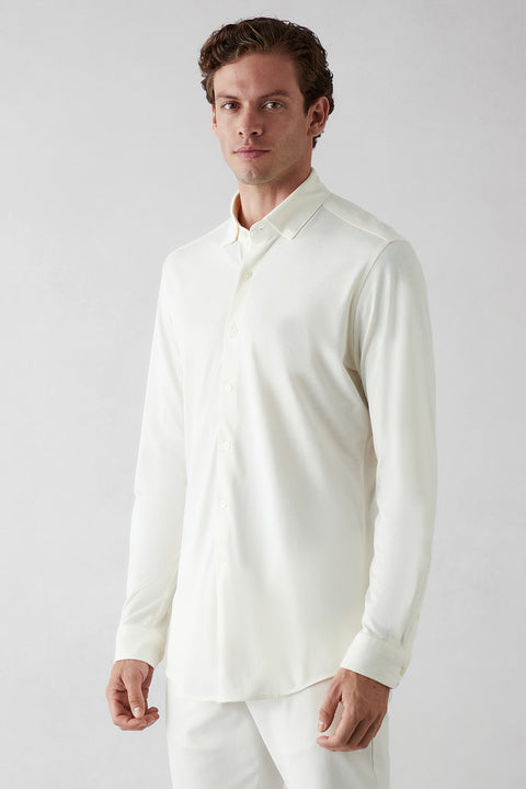 Krem Uzun Kol Slim Fit Modal Karışımlı Örme Spor Gömlek