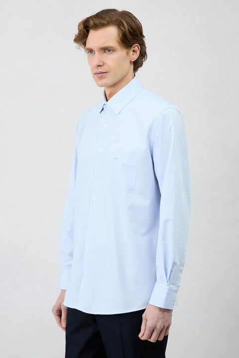 Blue Long Sleeve Regular Fit Classic Collar Pocketed Patterned Cotton Shirt