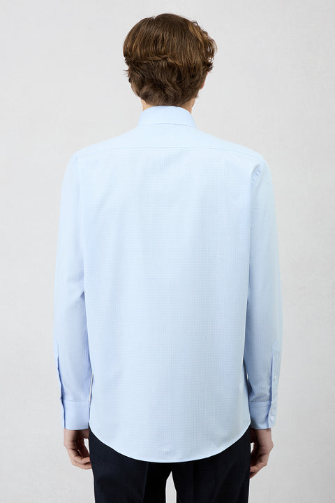 Blue Long Sleeve Regular Fit Classic Collar Pocketed Patterned Cotton Shirt