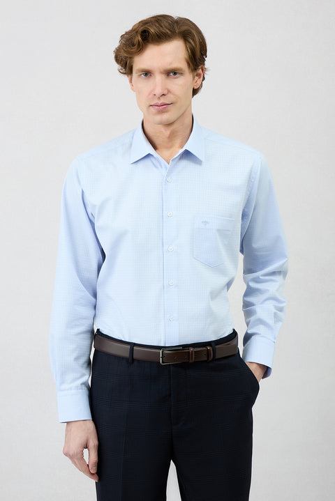 Blue Long Sleeve Regular Fit Classic Collar Pocketed Patterned Cotton Shirt