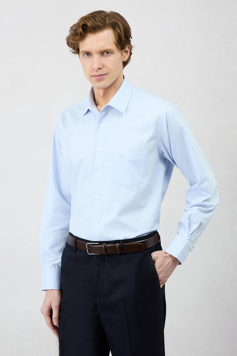 Blue Long Sleeve Regular Fit Classic Collar Pocketed Patterned Cotton Shirt