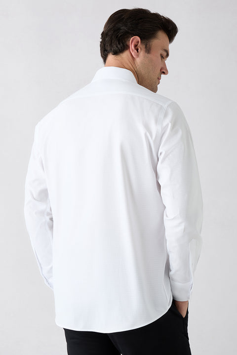 White Long Sleeve Regular Fit Classic Collar Patterned Cotton Shirt with Pockets