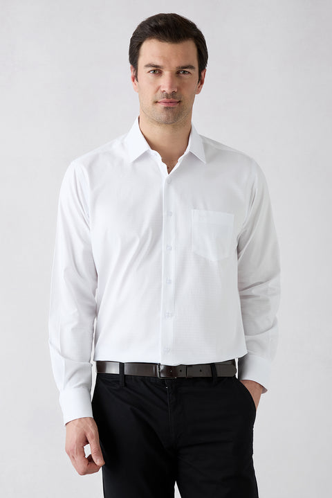 White Long Sleeve Regular Fit Classic Collar Patterned Cotton Shirt with Pockets