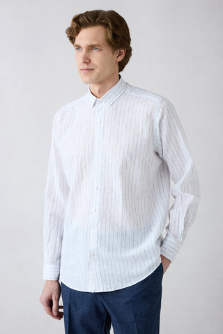  Orta Lacivert Uzun Kol Regular Fit Ketenli Çizgili Gömlek