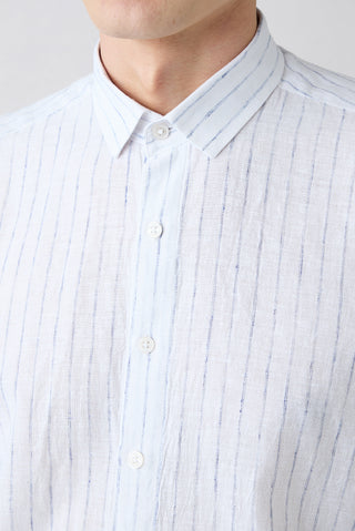  Orta Lacivert Uzun Kol Regular Fit Ketenli Çizgili Gömlek