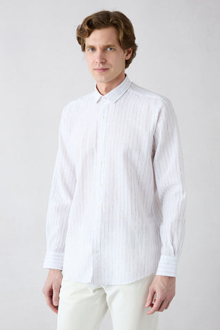  Açık Kahve  Uzun Kol Regular Fit Ketenli Çizgili Gömlek