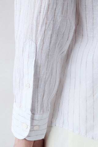  Açık Kahve  Uzun Kol Regular Fit Ketenli Çizgili Gömlek