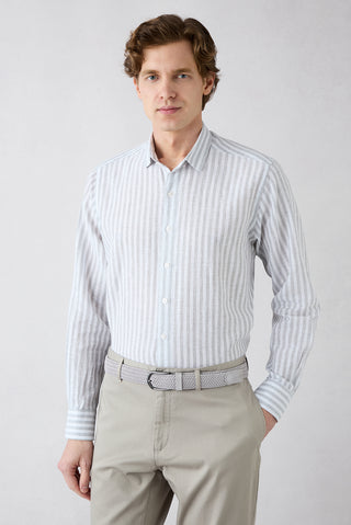  Orta Gri Uzun Kol Regular Fit Çizgili Pamuklu Keten Spor Gömlek