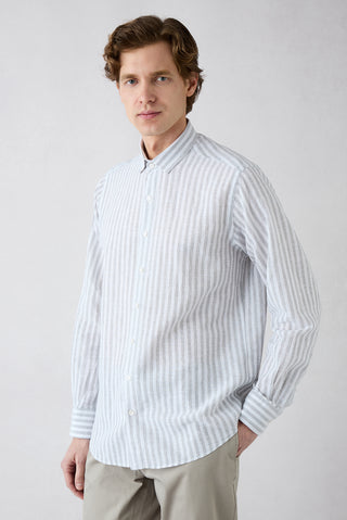  Orta Gri Uzun Kol Regular Fit Çizgili Pamuklu Keten Spor Gömlek