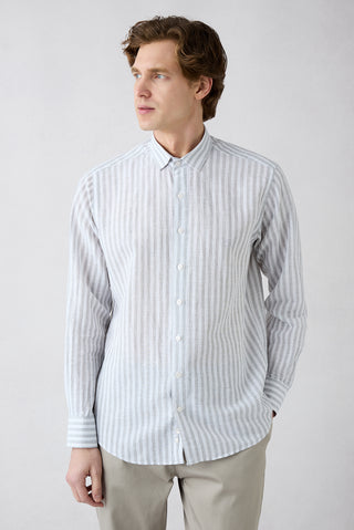  Orta Gri Uzun Kol Regular Fit Çizgili Pamuklu Keten Spor Gömlek