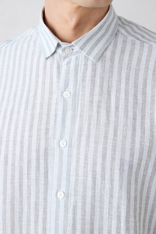  Orta Gri Uzun Kol Regular Fit Çizgili Pamuklu Keten Spor Gömlek