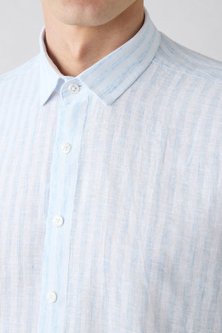  Açık Mavi Uzun Kol Regular Fit Çizgili Pamuklu Keten Spor Gömlek