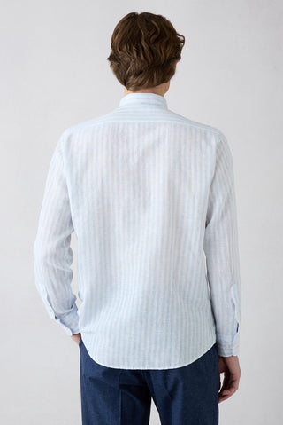  Açık Mavi Uzun Kol Regular Fit Çizgili Pamuklu Keten Spor Gömlek