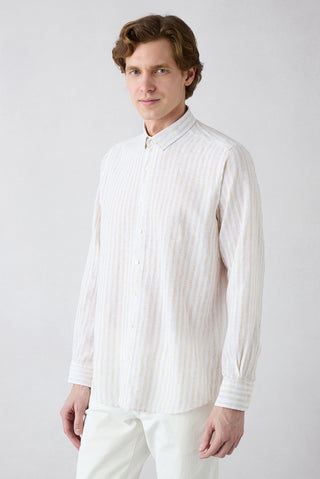  Açık Bej Uzun Kol Regular Fit Çizgili Pamuklu Keten Spor Gömlek