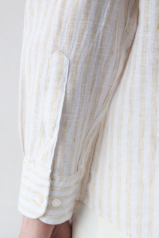  Açık Bej Uzun Kol Regular Fit Çizgili Pamuklu Keten Spor Gömlek