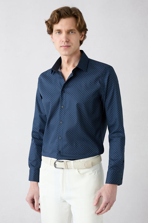 Dark Navy Long Sleeve Slim Fit Printed Classic Collar Cotton Shirt