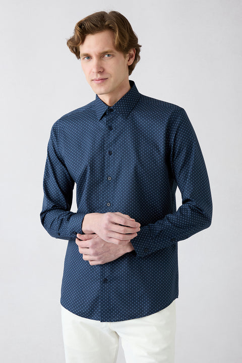 Dark Navy Long Sleeve Slim Fit Printed Classic Collar Cotton Shirt
